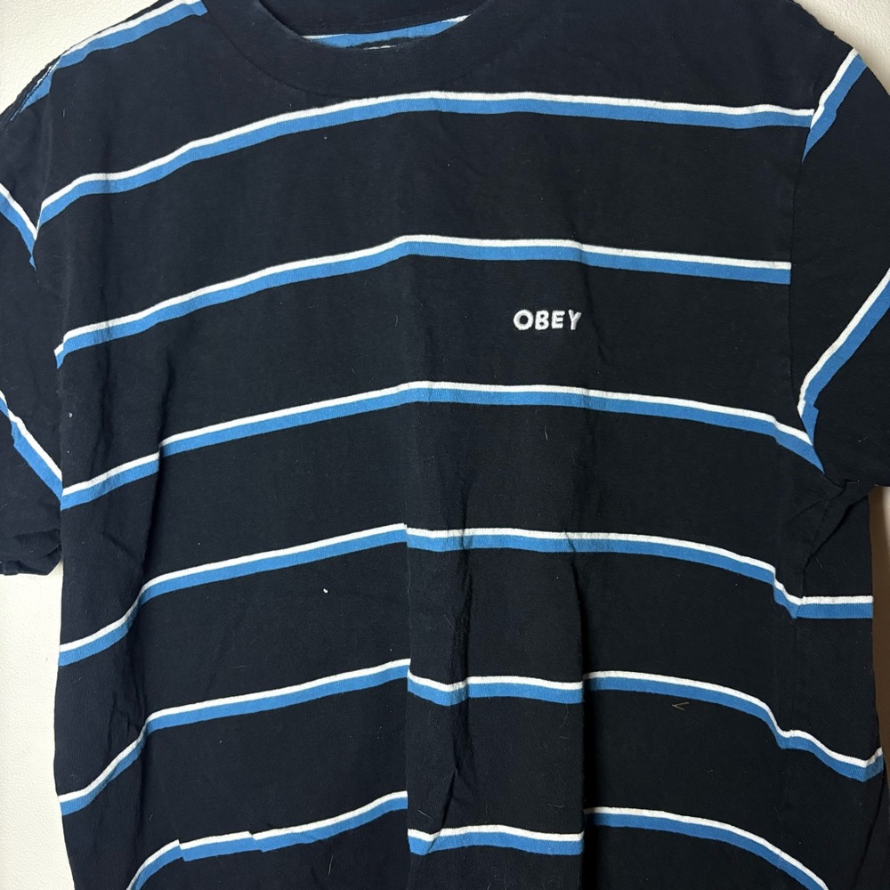 Obey Men's Navy and Light Blue Striped Tee